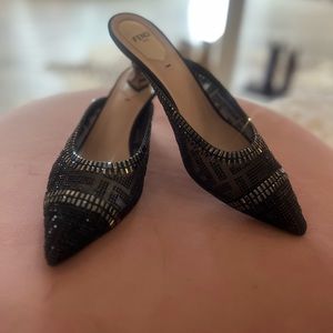 Fendi Colibri Sabot Black Mesh Embellished Mules, 55mm
